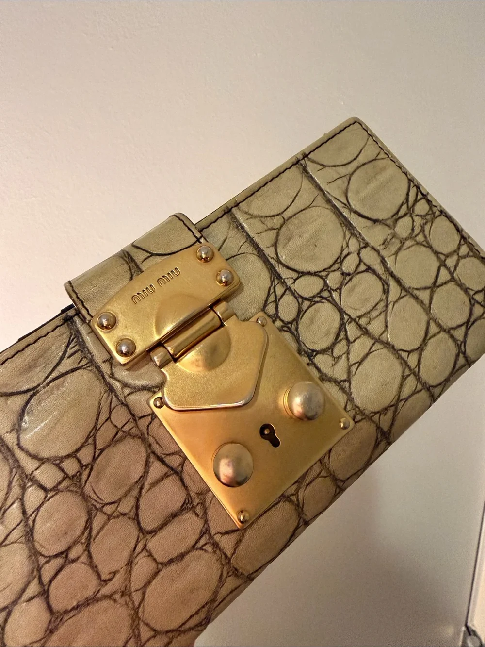 Miu Miu Croc-Embossed Beige Leather Card Holder with Gold Lock